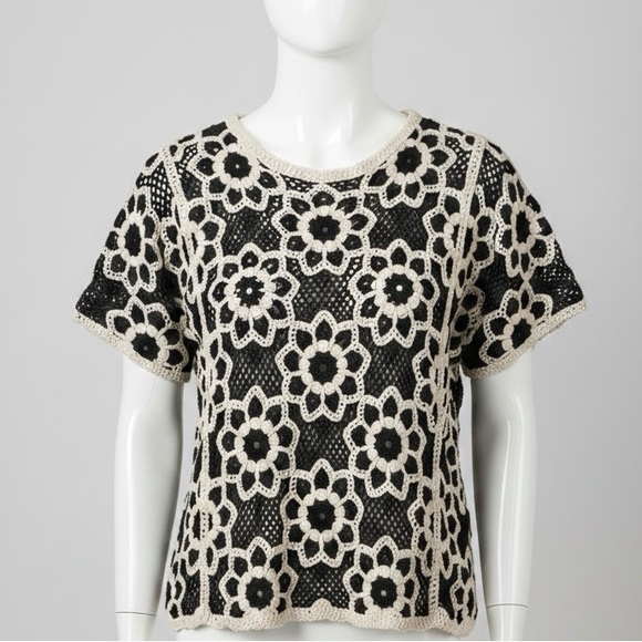 POL Tops - POL Black and Cream Floral Crochet Short-Sleeve Top